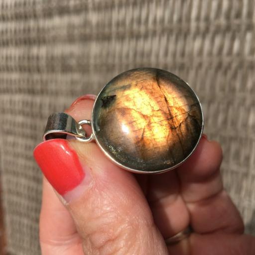 Labradorite Large Round Silver Pendant with Golden Pink Flashes
