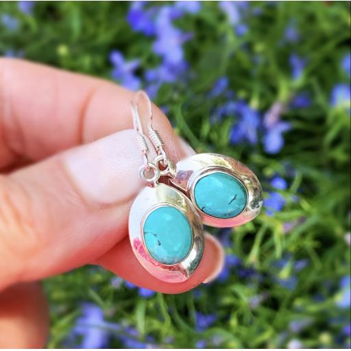 Turquoise Silver Oval Surround Earrings