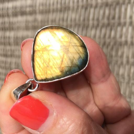 Labradorite Large Teardrop Silver Pendant with Golden Pink Flashes