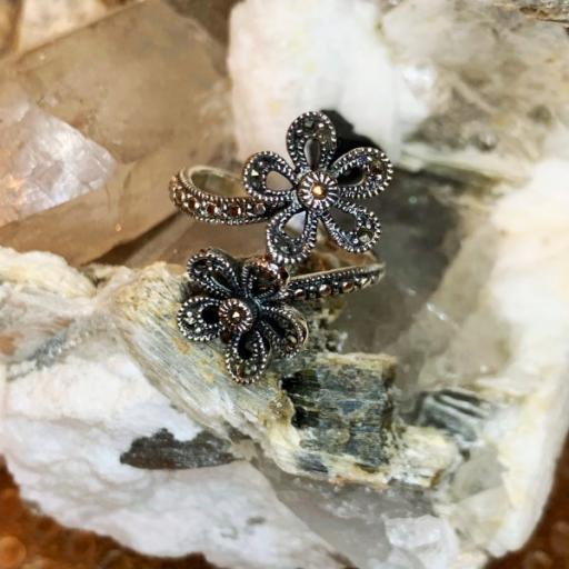 Marcasite Double Flower Sterling Silver Ring