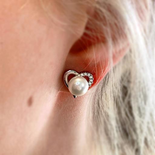 Freshwater Pearl & Simulated Diamond Heart Stud Earrings