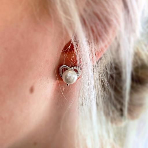 Freshwater Pearl & Simulated Diamond Silver Heart Stud Earrings .jpg